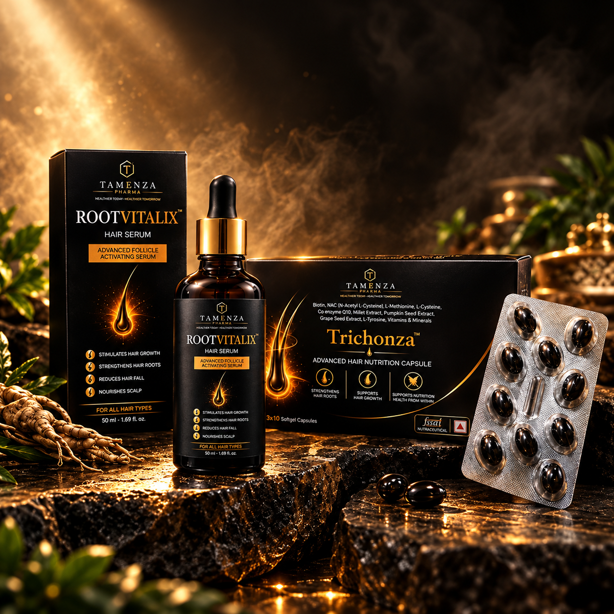Tamenza Pharma Clinical Hair Care Formulations - Rootvitalix Serum & Trichonza Capsules Showcase